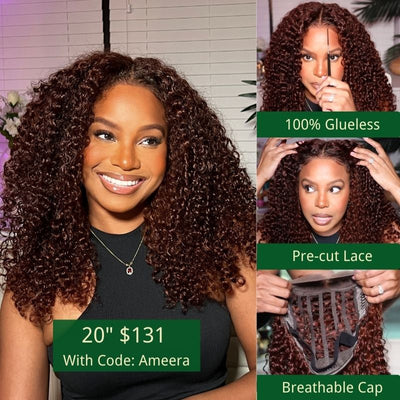 Klaiyi Pre-Cut Lace Wig Wear & Go Reddish Brown Jerry Curly Lace Closure Wig with Breathable Cap Beginner Wig