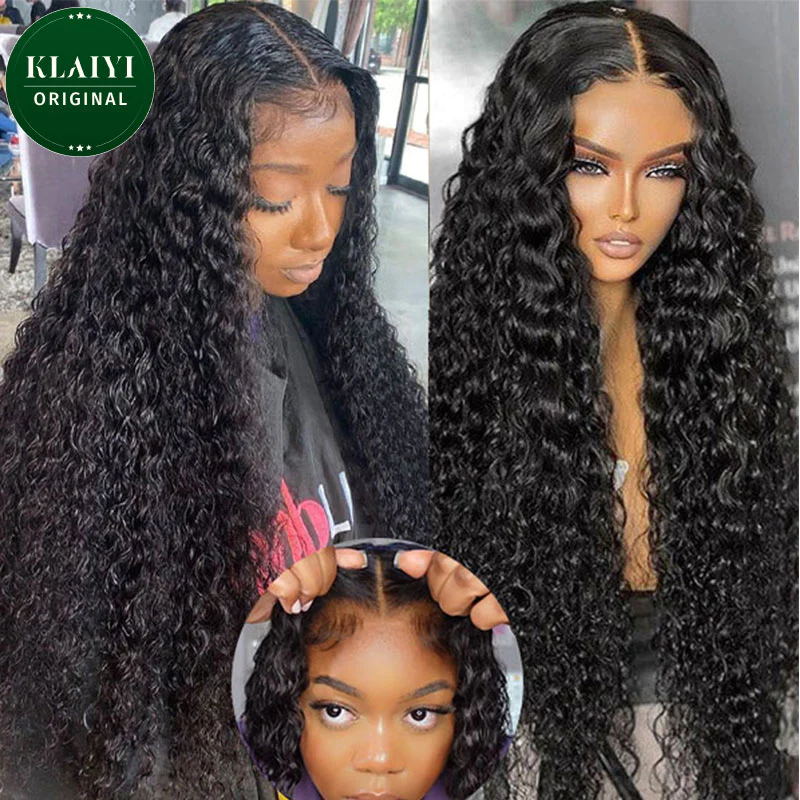 Klaiyi Water Wave Pre-Cut Glueless Wig Wear Go Human Hair Wigs Natural Black Color