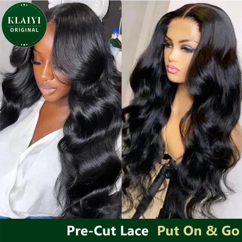 Klaiyi Pre-Cut Lace Wig Wear & Go Body Wave Human Hair Wig with Breathable Cap Beginner Wig